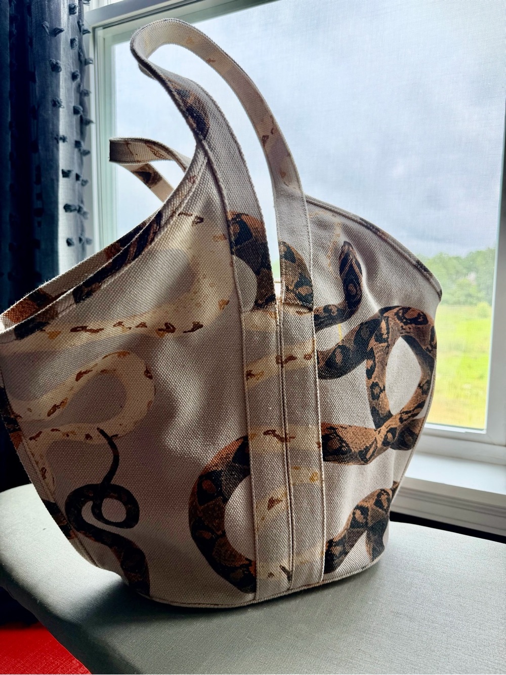 Canvas Tote Bag with Snake Print - Neutral - Picture 3 of 10